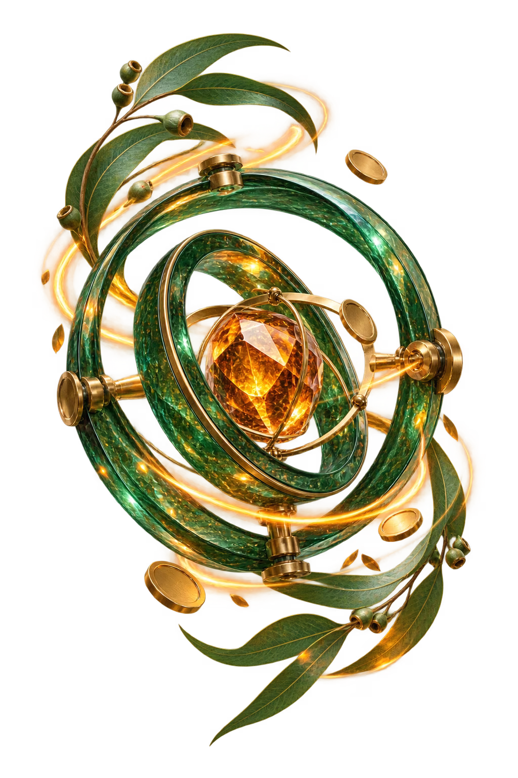 Eucalyptus glass gyroscope with an amber crystal centre