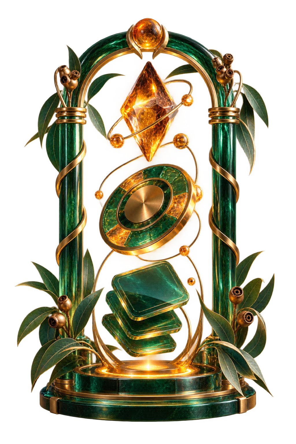 Eucalyptus glass game portal with abstract amber play forms