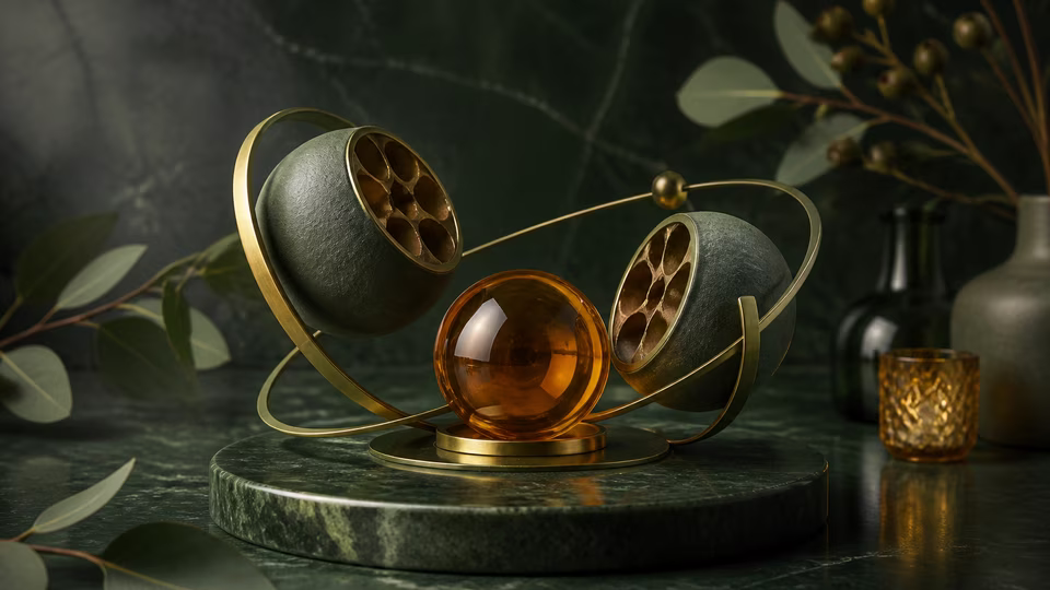 Green seed pods orbiting a warm amber glass centre