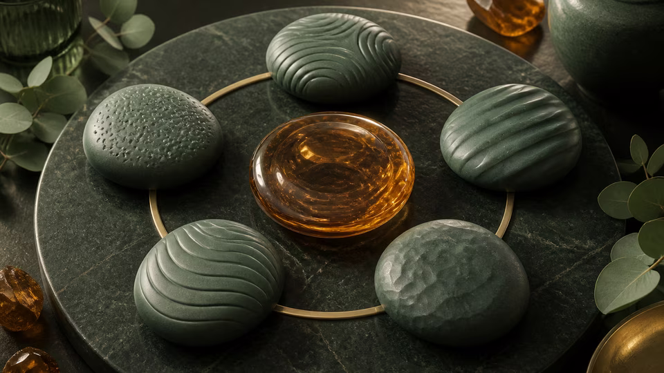 Green sculpted forms orbiting a warm amber glass centre